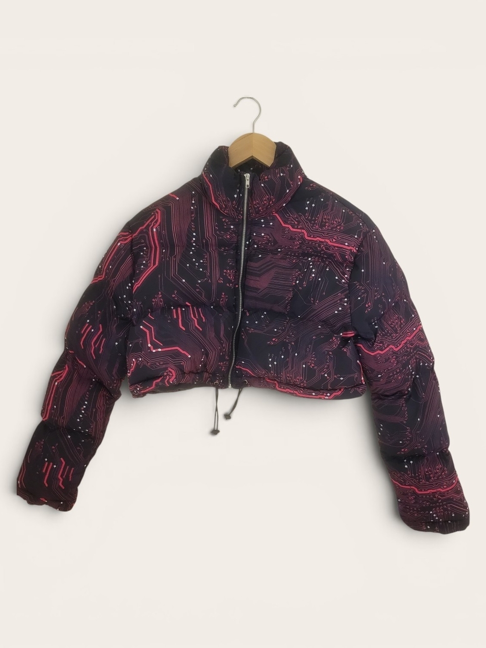 iHeartRaves Black & Pink Cropped Circuit-Print Puffer Jacket